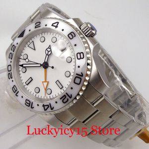 Wholesale crown brushes for sale - Group buy Bliger Gmt Automatic Men Watch White Dial Rotating Bezel Date Display Brushed Oyster Strap Screwdown Crown