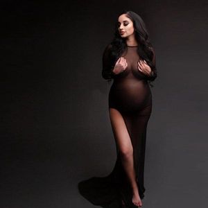 Casual Dresses Sexy See Thru Black Gravidy Dress Side High Slit Maternity Women Po Shoot Party Långärmad