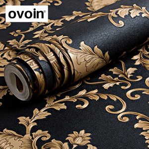 Wallpapers Hoogwaardige zwarte gouden luxe embossed textuur metallic damast behang voor wandrol waterdicht wasbaar PVC papier