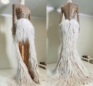 Sexy Illusion Top Evening Dresses with Sequins crystal african Hi Lo Feather Skirt Arabic Aso Ebi Prom Gowns with Long Sleeves