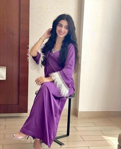 Wholesale arabic clothes fashion dresses resale online - Casual Dresses Purple Fashion Feather Lace V Neck Long Sleeve Muslim Islamic Arabic Turkish Clothes Eid Satin Maxi Dress For Women