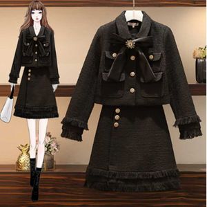 Wholesale skirt suit winter woman for sale - Group buy Two Piece Dress L XL Black Women Skirt Suits Winter Womans Fashion Bow Single breasted Tassel Long Sleeve Tops Mini Pieces Sets
