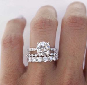 обручающий палец оптовых-Eternal стерлинговые серебряные кольца стерлингового серебра установить CT круглые симулированные алмазные обручальные драгоценные камни кольца для женщин ювелирные изделия Y0723