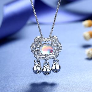 Lucky Moonstone Lock Bell Tassel Clavicle Chain Necklace For Girls Choker Silver Color Chinese Style Women Birthday Jewelry Gift