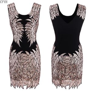Casual Jurken s Gatsby Charleston Flapper Party Jurk Back Cut Out Mousteless Embroidery Bloem Sequin Beaded Little Black