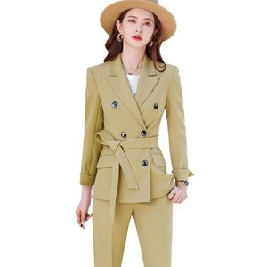 Wholesale yellow pant suits for sale - Group buy Women s Two Piece Pants Spring Autumn Black Green Yellow Women Pant Suit With Sashes Office Ladies Jacket Blazer And Trouser Female Formal