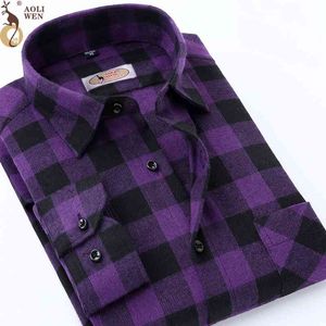 мужская фиолетовая клетчатая рубашка оптовых-Aoliwen Новая модная блузка рубашка мужская рубашка бренд мужская и фиолетовая плед печать свободно для мужской длинной рубашки одежда Sizem XL