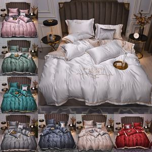 2021 Hot Selling Silk Bedding Sets Stks Solid Bed Pak Qulit Cover Designer Beddengoed Levert Kleuren V2