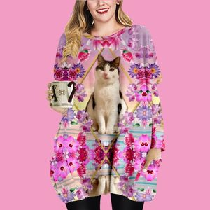 vestido de gato superior al por mayor-Vestidos informales Tops de tamaño de Sojinm PLUS para las mujeres Limpie de gato suelto Mini O cuello de gran tamaño Vestido de playa Blusa de manga larga