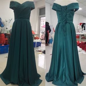 Prawdziwe zdjęcia Wysokiej jakości Satin Emerald Green Prom Dresses Off Ramię Długa Formalna Suknia A Line Eleganckie suknie wieczorowe
