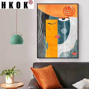 çağdaş resim resimleri toptan satış-Resim Sergisi HKOK Modern Soyut Yüzler Geometrik Tuval Boyama Çağdaş Duvar Sanatı Resimleri Posterler Ev Dekor için Oturma Odası Baskılar