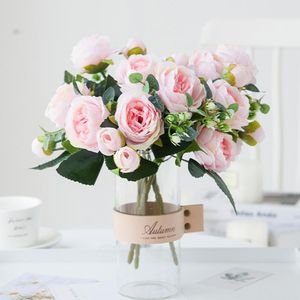 Dekorativa Blommor Kransar Bundle Artificial Heads Vit Peony Silk Tea Rose Höst Fake Växter För Hem Vardagsrum Trädgård Bröllop De