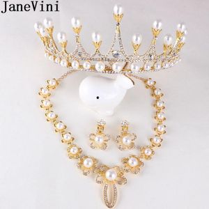 Pendant Necklaces JaneVini Gold Floral Pearl Wedding Necklace Crown Set Pieces Bridal Hair Accessories Jewelry Women Party Tiara Sets