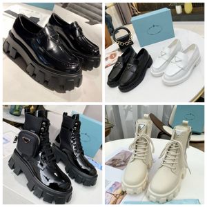 üçgen fırça toptan satış-Tasarımcı Lüks Kısa Çizmeler Bayanlar Çikolata Fırçalanmış Deri Ayakkabı Loafer lar Monolith Üçgen Logosu Siyah Ayakkabı Arttır Platformu Sneakers Cloudbust Orijinal Kutusu