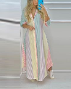 rayures maxi robes jupes achat en gros de Jupes Summer Femmes Couleur Bouton à rayures Haute Chemise fendue Maxi Robe Femme Collier Down Collier Casual Robe Office Lady Outfits