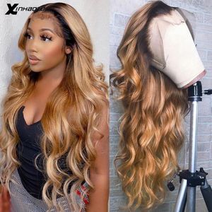 Wholesale v front resale online - Lace Front Human Hair Wigs Body Wave Blonde Lace Front Wig Ombre Color Remy Pre Plucked Brazilian V Part Wig Density