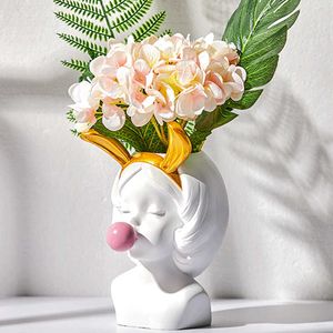 White Resin Vase Pot Nordic Style Cute Human Head Flower Vases Basket Pen Brushes Holder Home Decoration