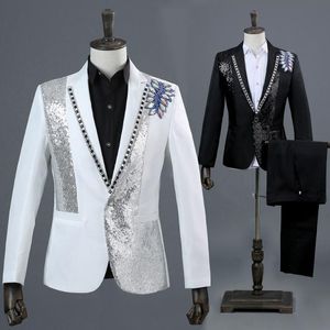 Wholesale black suit 2 piece resale online - Men s Suits Blazers Mens Black White One Button Floral Blazer Piece Wedding Jacket And Pants Diamond Stage Performance Costumes