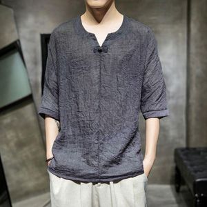 Męskie koszulki Sinicyzm Sklep Mężczyźni Bawełniana Pościel Chiński Styl Lato T Koszulki Casual Vintage Koszule Męska Moda Dekolt Odzież