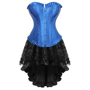 Sexiga korsetter med kjol steampunk plus storlek rhinestones bustier klänning renässans satin overbust corselet bodyshaper kostym