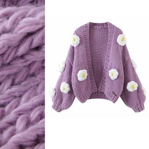 New design women s fashion luxury handmade knitted crochet D flower pattern coarse wool knitted short loose sweater cardigan coat