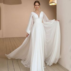 Sexy Puff Sleeves Chiffon Boho Wedding Dress V Neck Ruched Drapped Simple Sweep Train Vestido Noiva Bridal Gowns