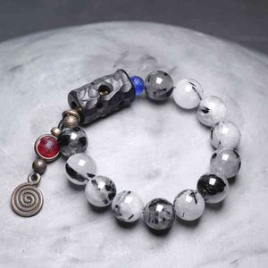 Flower Hollow Out Wood Bead Ink Black Hair Crystal Large Bracelet Male Personality National Fashion Accessories