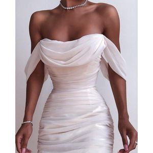 カジュアルドレスロマンスドレスフランス風のメッシュRuched白人女性2021春の肩のノースリーブエレガントなイブニングウェディング服
