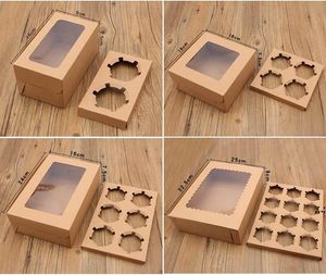 Windowed Cupcake Boxes White Brown Kraft Paper Box Gift Packaging For Wedding Festival Party Cup Cake Holders DHE11259