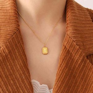 Classic K Gold Plated Square Brand Locket Sweater Chain Necklace Stainls Steel Engraving Rose Flower Vintage Necklace