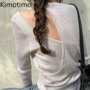 Kimotimo Trui Tops Lente Roze Elegante Sim Hol Sexy Koreaanse Mode Kantoor Dame Casual Knitwear Dameskleding H1023