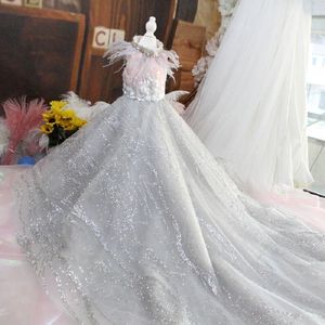 Handmade Dog Apparel Pet Clothes Wedding Gown Trailing Princess Dress Feather Pink Grey Sequin Evening Sparkling Skirt Poodle