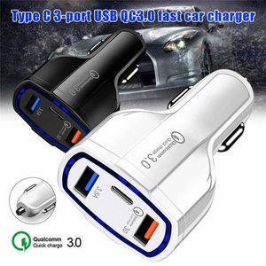 3 Port USB Fast Rapid Car Charger Adapter Typ C port höghastighetseffektiv laddning för mobiltelefon mot kortslutning överuppvärmning