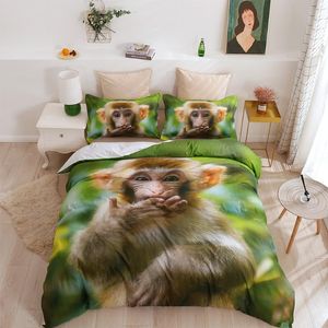 camas de monos al por mayor-Conjuntos de ropa de cama Funda de edredón Mono animal D Conjunto con funda de almohada para niños dormitorio verde invierno ropa de cama doble king size edredón