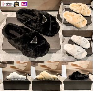 Luxury Wool Slides Designer Slippers Soft Warm Fur Enameled triangle Crossover Fashion women shoes Black White Begin with original box shoe