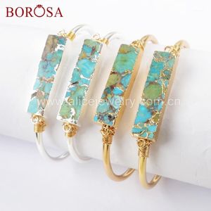 Wholesale turquoise blue stone bracelet resale online - Gold Silver Color Wire Wrapped Rectangle Natural Copper Turquoises Blue Stone Bangle Bracelets Jewelry G1663