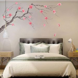 Väggklistermärken Chinase Style Pink Plommon Blossom Tree Branch Dekaler för vardagsrum Sovrum Läsa PVC Väggmålning