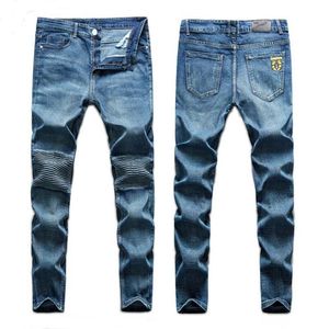 Heren jeans mannen blauwe mannelijke stretch fit denim lange vouwen broek goede kwaliteit rechte slanke broek maat