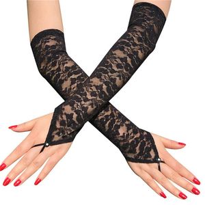 Wholesale long fingerless laced gloves resale online - Five Fingers Gloves Long Fingerless For Women Sexy Black White Red Lace With Rhinestones Trendy Bride Hook Finger
