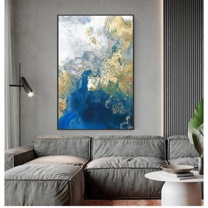 çağdaş resim resimleri toptan satış-Resim Sergisi Sanat Dekorasyon Resim Oturma Odası Dekor Mavi Altın Modern Soyut Okyanus Duvar Nordic Tuval Baskı Boyama Çağdaş