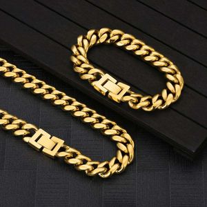KRKC mm K guldpläterade män Streetwear Smycken Titanium Stainls Steel Miami Curb Chain Armband Set Cuban Link Kedja Halsband