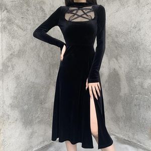 Casual Dresses Black Goth Women Mid Calf Lång Klänning Höst Lady Hollow Out Star Sexig High Split Hip O Neck Långärmad Gotisk Cool