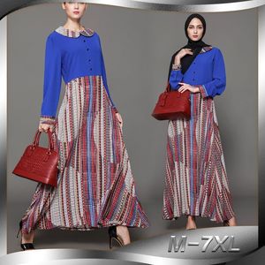 Etniska Kläder Fashion Stitching Islamic Women s Robe Blue Print Muslim Dubai Abaya Stor storlek Jalabiya Dress M XL