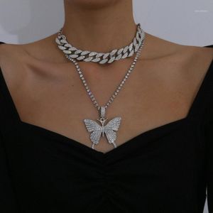 Kedjor Hip Kit Layered Butterfly Necklace Pendants Cuban Link Chain Set Luxury Rhinestones Choker för Kvinnor Män Smycken