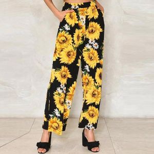 sunflower toptan satış-Retro Ayçiçeği Baskılı Pantolon Harajuku Streetwear Kadın Adam Geniş Bacak Pantolon Pantalones Mujer Cintura Alta Kadın Capris