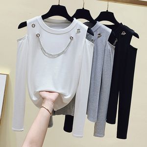 aktuelle stile großhandel-Damenpullover Langarm Hemd Baumwolle von der Schulter Aktuelle Koreanische Art T Frau Schwarz Femme Weiße Puwl