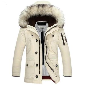 mens beyaz kışlık palto toptan satış-Kış Ceket Erkekler Rakun Kürk Kapüşonlu Beyaz Aşağı Palto Sıcak Parka Rüzgarlık Giyim Ceketler Bej Siyah Turuncu Çok Cepler
