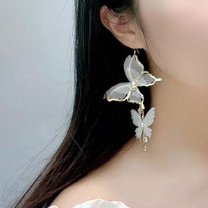 butterfly mesh toptan satış-Peri Örgü Kelebek Küpe Dangle Kore Mizaç Gümüş Uzun Çiviler Arka Kristal Püskül Takı