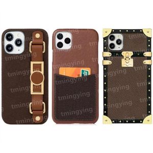 Top Leather Designer Telefon Fodral för iPhone Pro Max Mini XS XR X Plus Fashion Wristband Print Back Cover Luxury Mobile Shell Card Holder Pocket Case med låda