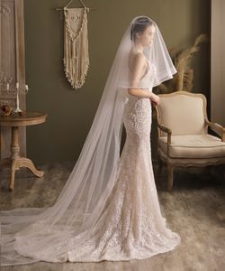Wholesale cathedral veil ribbon edge resale online - Elegant Bridal Veil With Ribbon Edge Cathedral Length Two Layers Tulle White Ivory Hotselling Wedding Veils V832